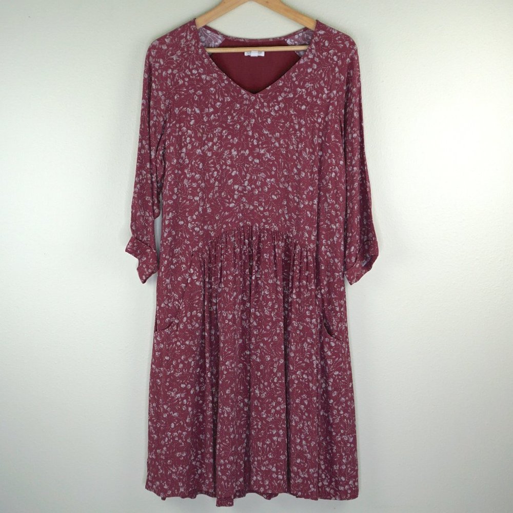 Garnet Hill Red Floral Print 3/4 Sleeve Knee Length Relaxed Fit Dress, Size 10
